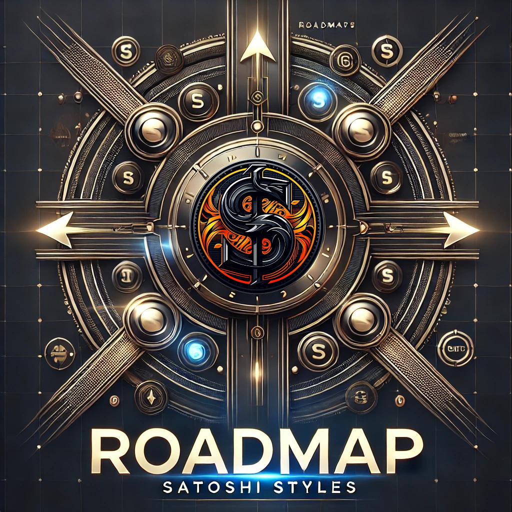 Illustration of the Satoshi Styles roadmap with a futuristic and luxurious design, featuring golden arrows symbolizing progress on a dark background.