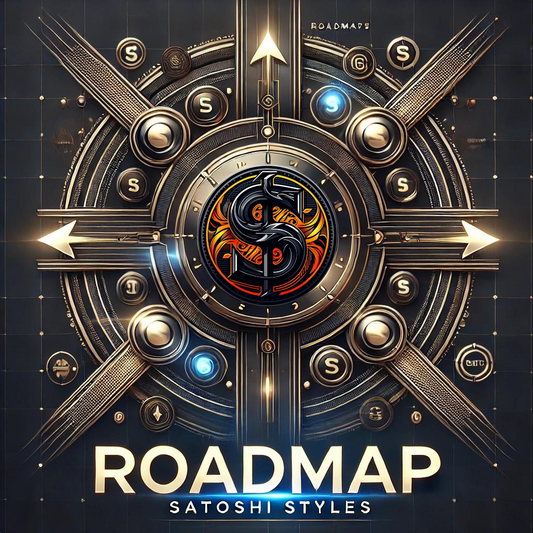 Illustration of the Satoshi Styles roadmap with a futuristic and luxurious design, featuring golden arrows symbolizing progress on a dark background.