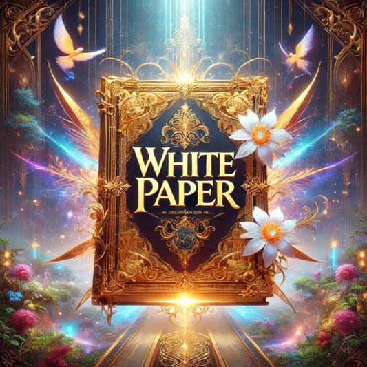 Luxurious and artistic cover for the SatoshiStyles White Paper, featuring an ornate golden book surrounded by vibrant lights and flowers, representing the fusion of fashion and blockchain technology.